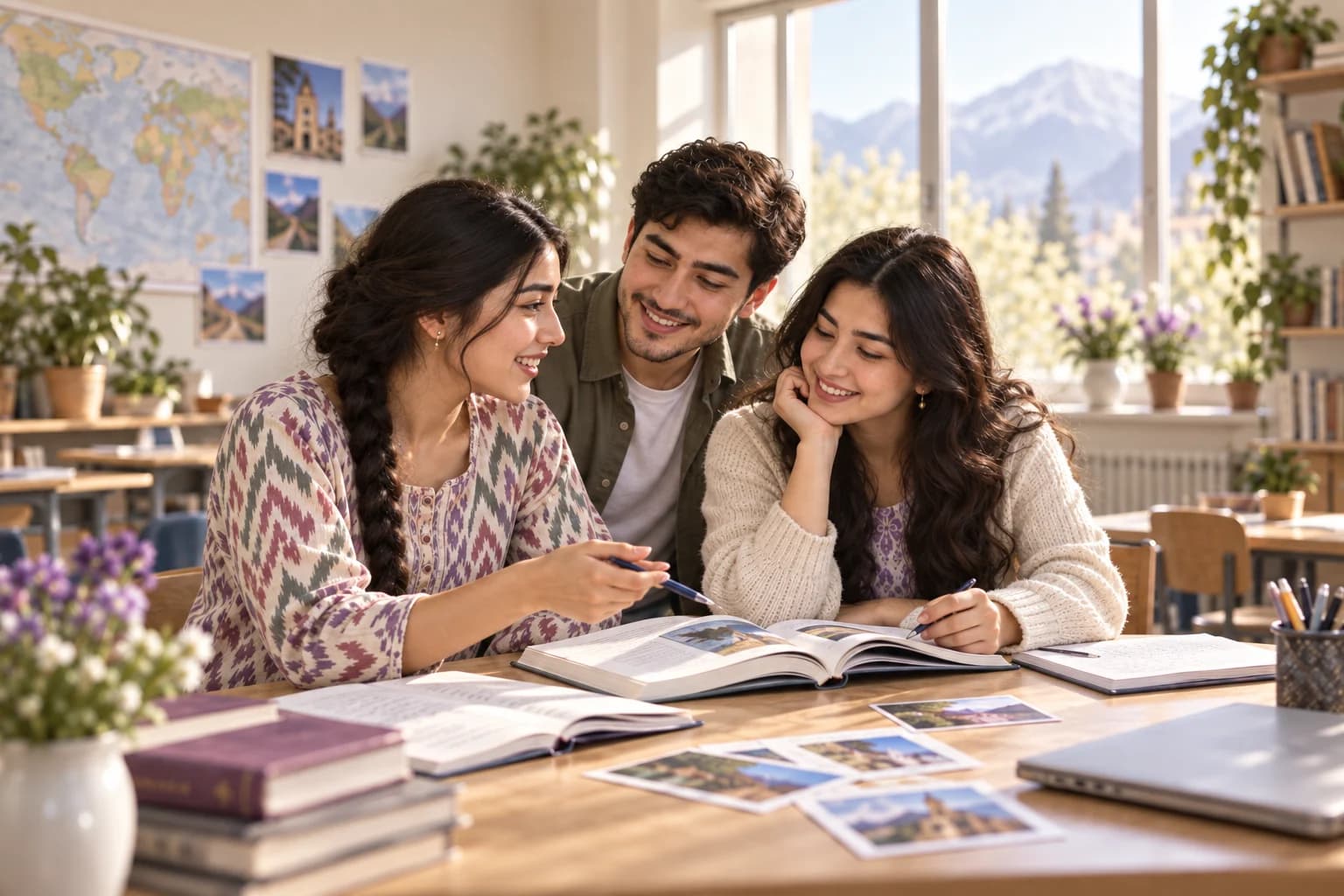 Conceptual image of students talking during a language lesson